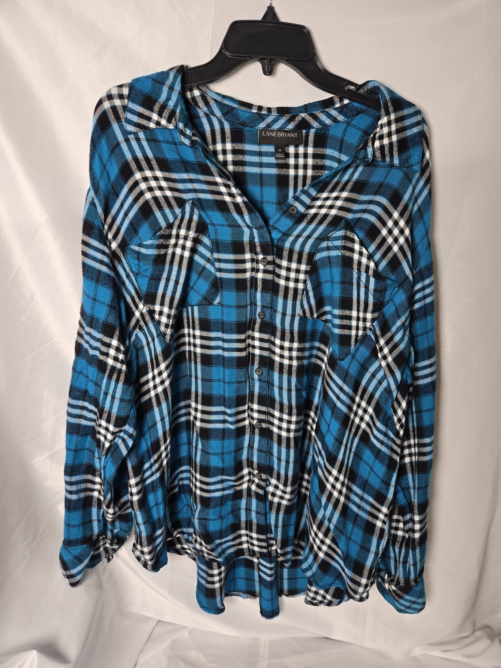 Lane Bryant Teal Blue and Black Plaid Button-Down Shirt